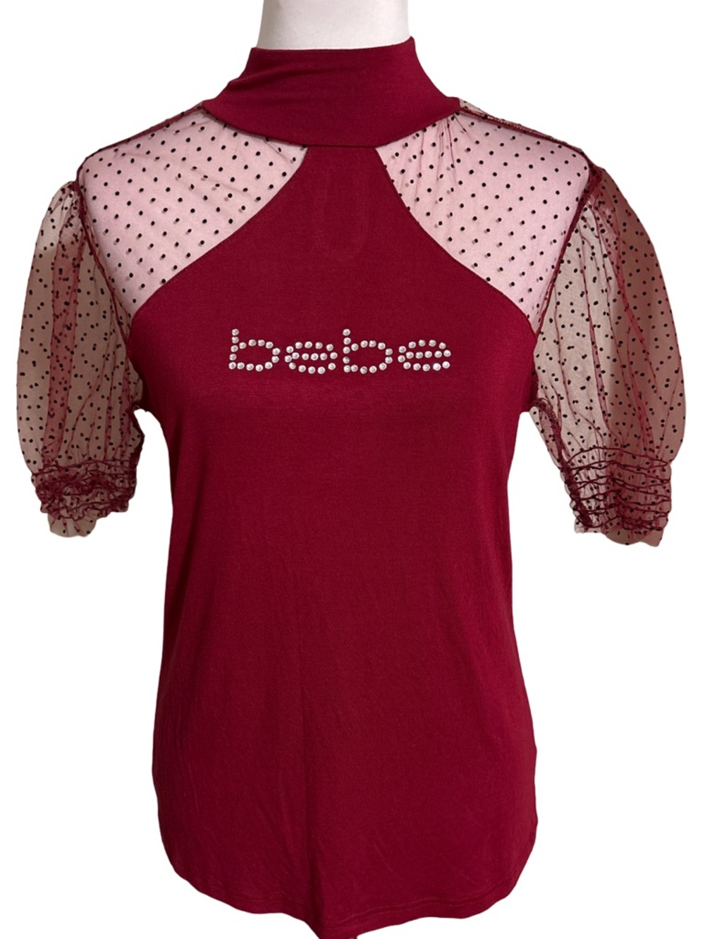 bebe Wine Dot Puff Sleeve Logo Top